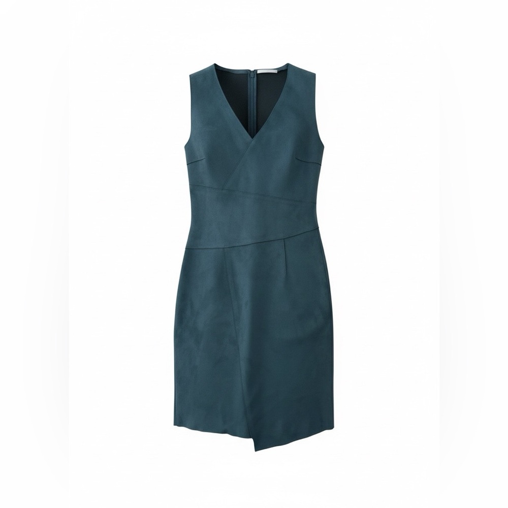 TAHARI Teal Brushed Faux Suede Asymmetrical Dress Fitted Stretch Size S